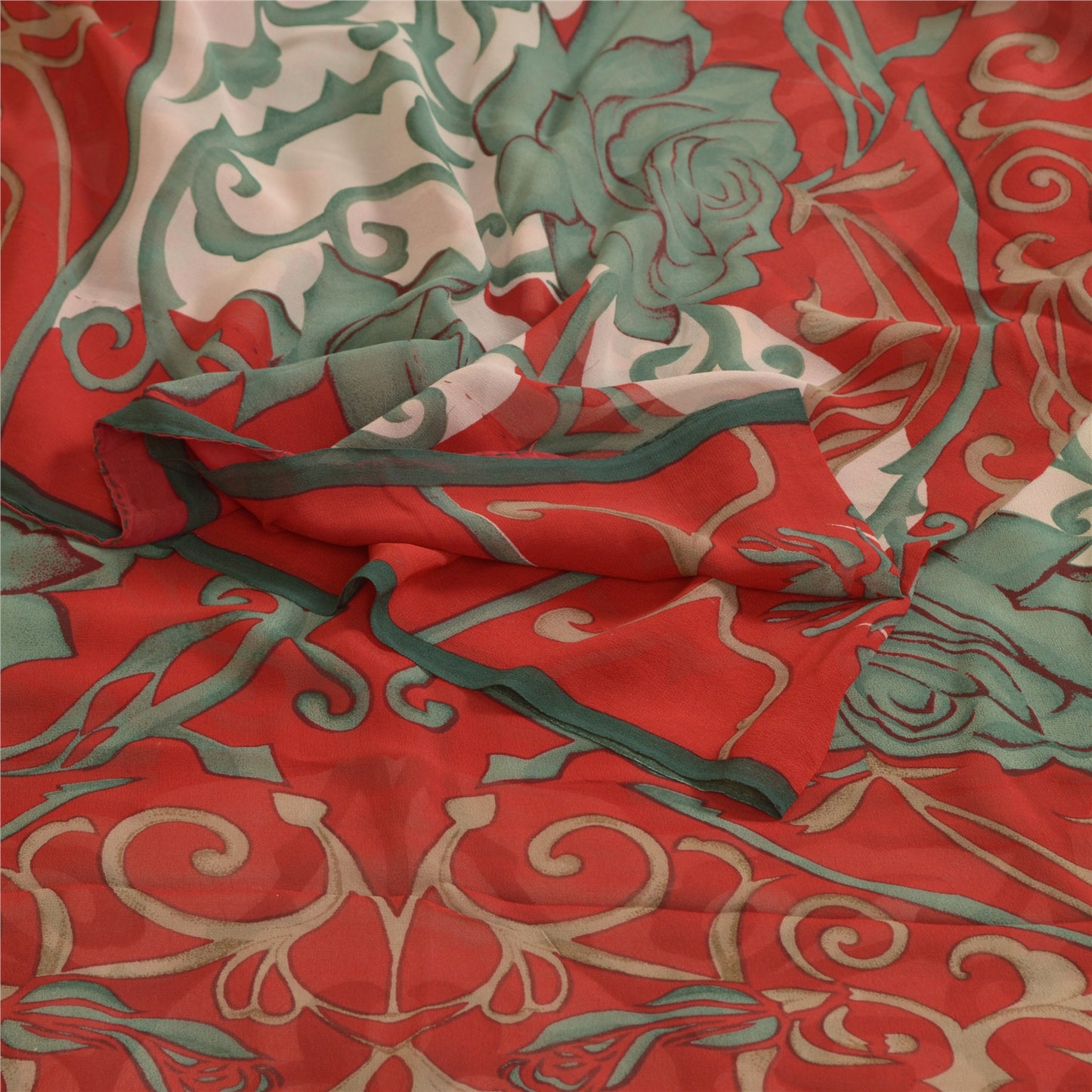 Sanskriti Vintage Sarees Red/Green Pure Georgette Silk Print Sari Craft Fabric