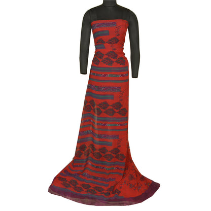 Sanskriti Vintage Sarees Red/Blue Pure Georgette Silk Printed Sari Craft Sustainable Fabric