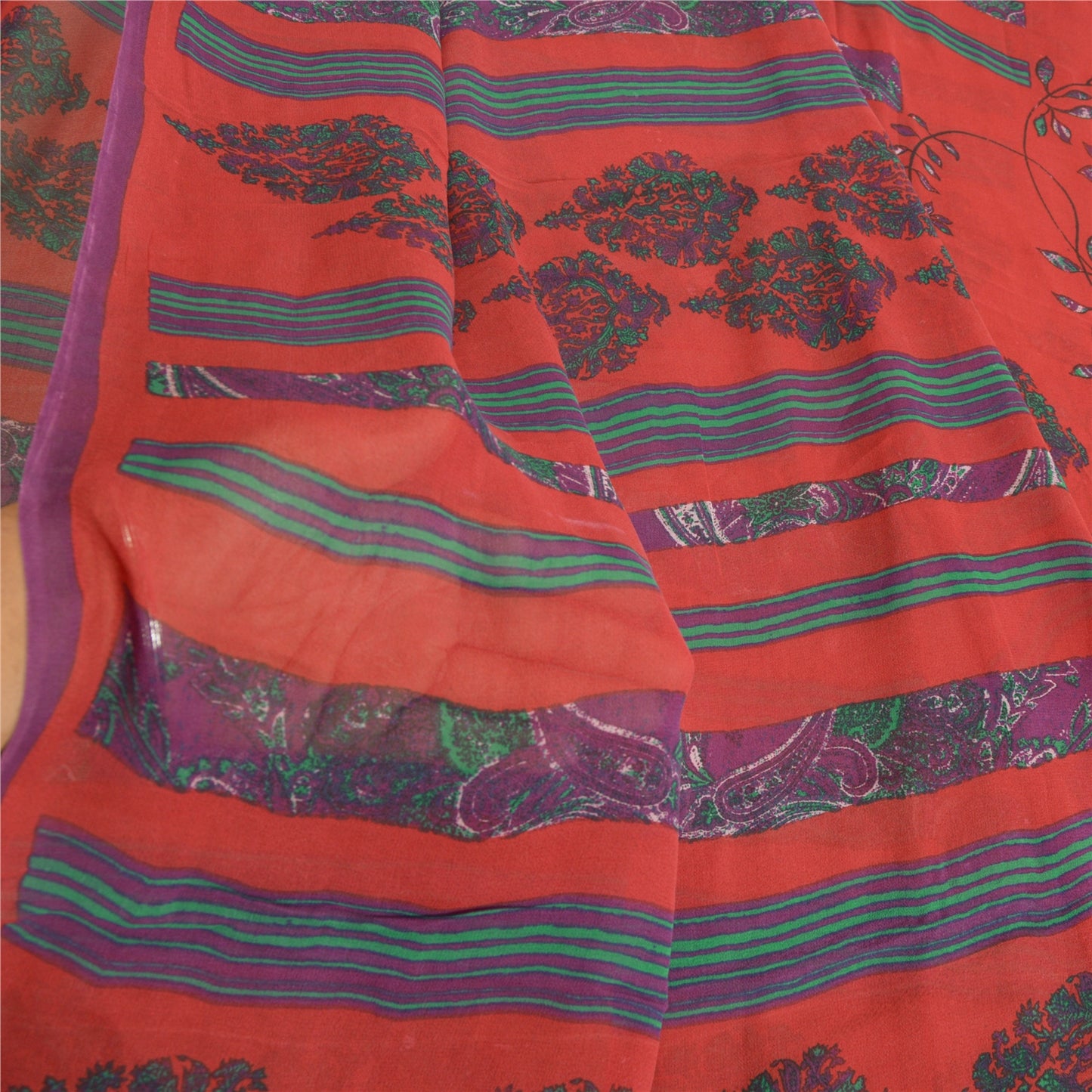 Sanskriti Vintage Sarees Red/Blue Pure Georgette Silk Printed Sari Craft Sustainable Fabric