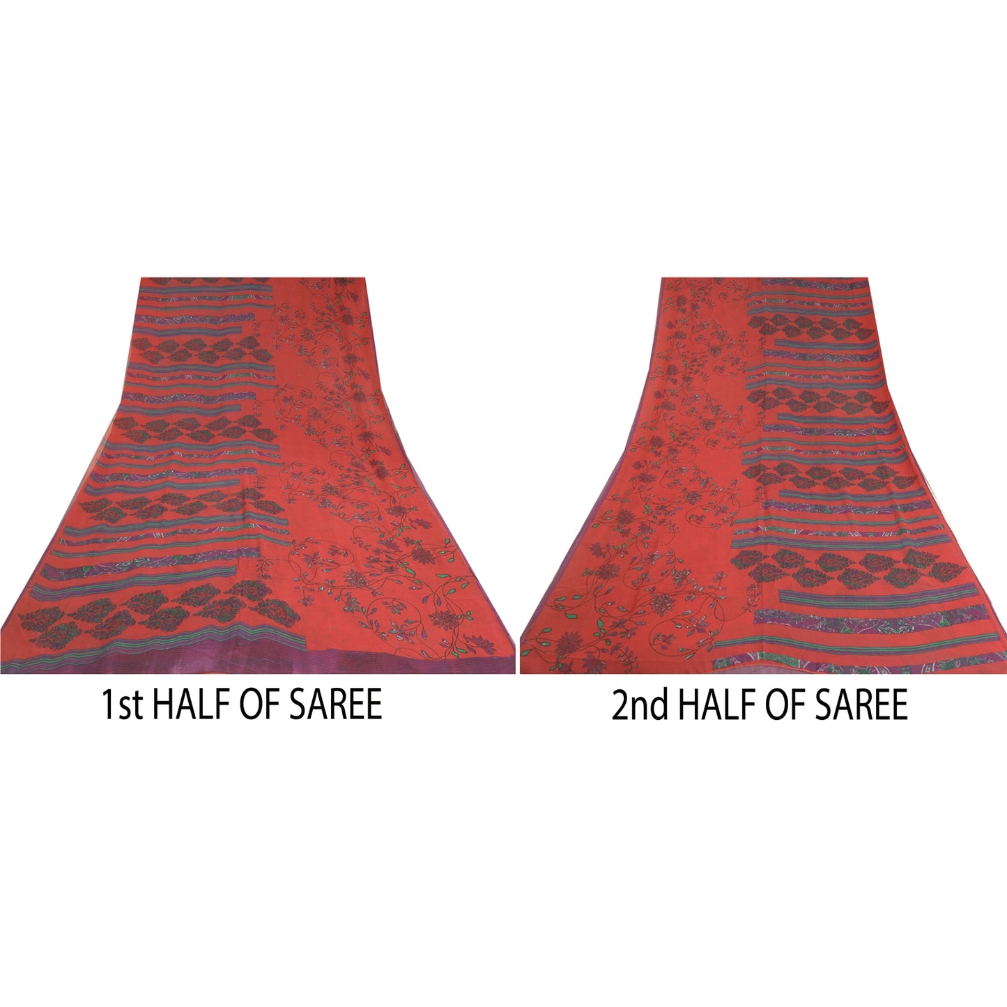 Sanskriti Vintage Sarees Red/Blue Pure Georgette Silk Printed Sari Craft Sustainable Fabric