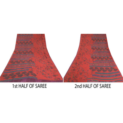 Sanskriti Vintage Sarees Red/Blue Pure Georgette Silk Printed Sari Craft Sustainable Fabric