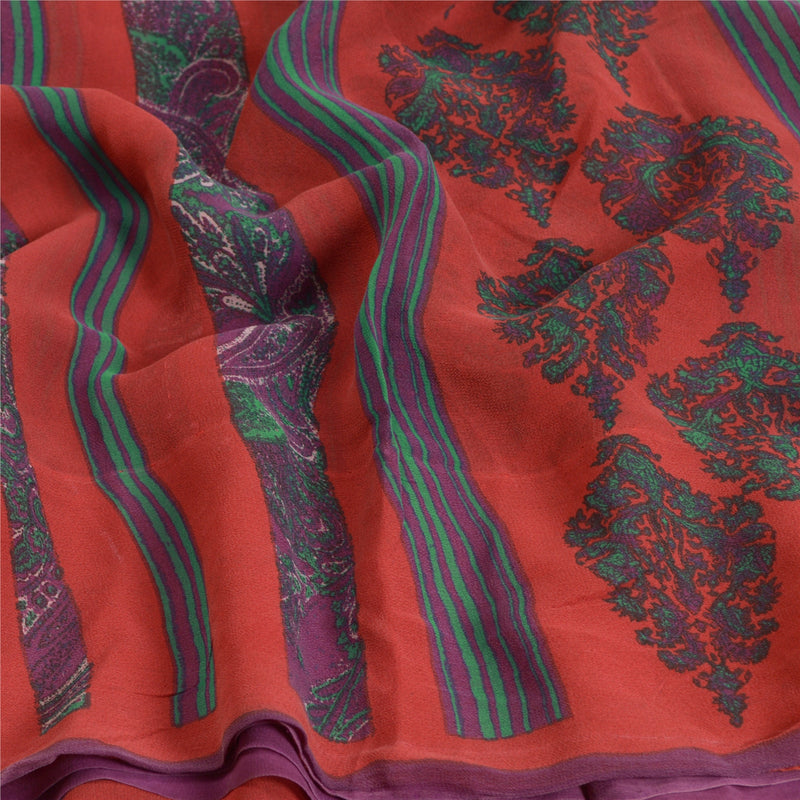 Sanskriti Vintage Sarees Red/Blue Pure Georgette Silk Printed Sari Craft Sustainable Fabric