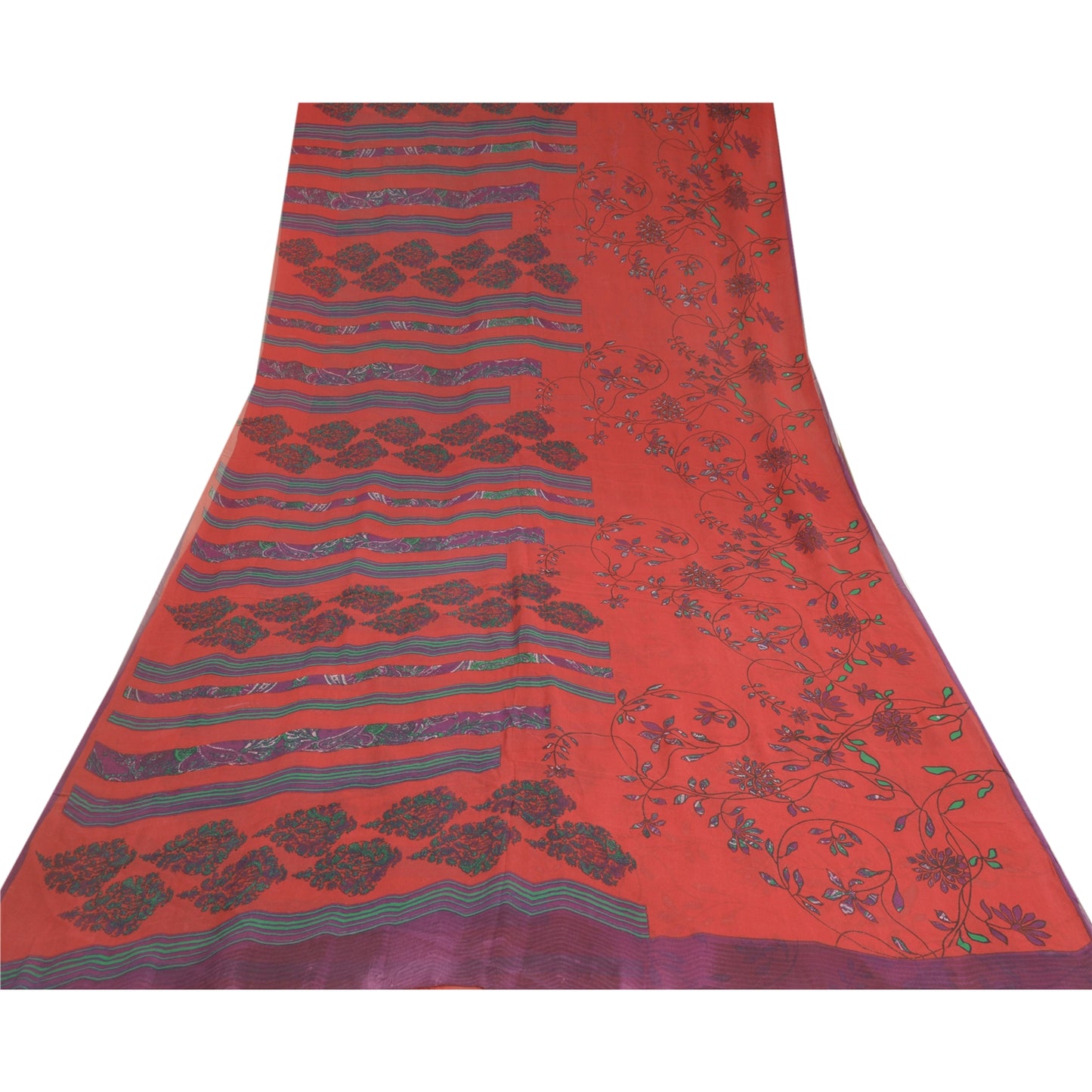 Sanskriti Vintage Sarees Red/Blue Pure Georgette Silk Printed Sari Craft Sustainable Fabric