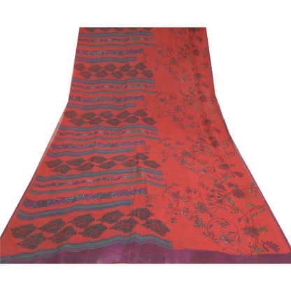 Sanskriti Vintage Sarees Red/Blue Pure Georgette Silk Printed Sari Craft Sustainable Fabric