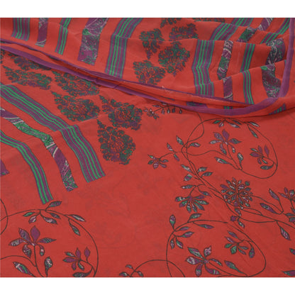 Sanskriti Vintage Sarees Red/Blue Pure Georgette Silk Printed Sari Craft Sustainable Fabric