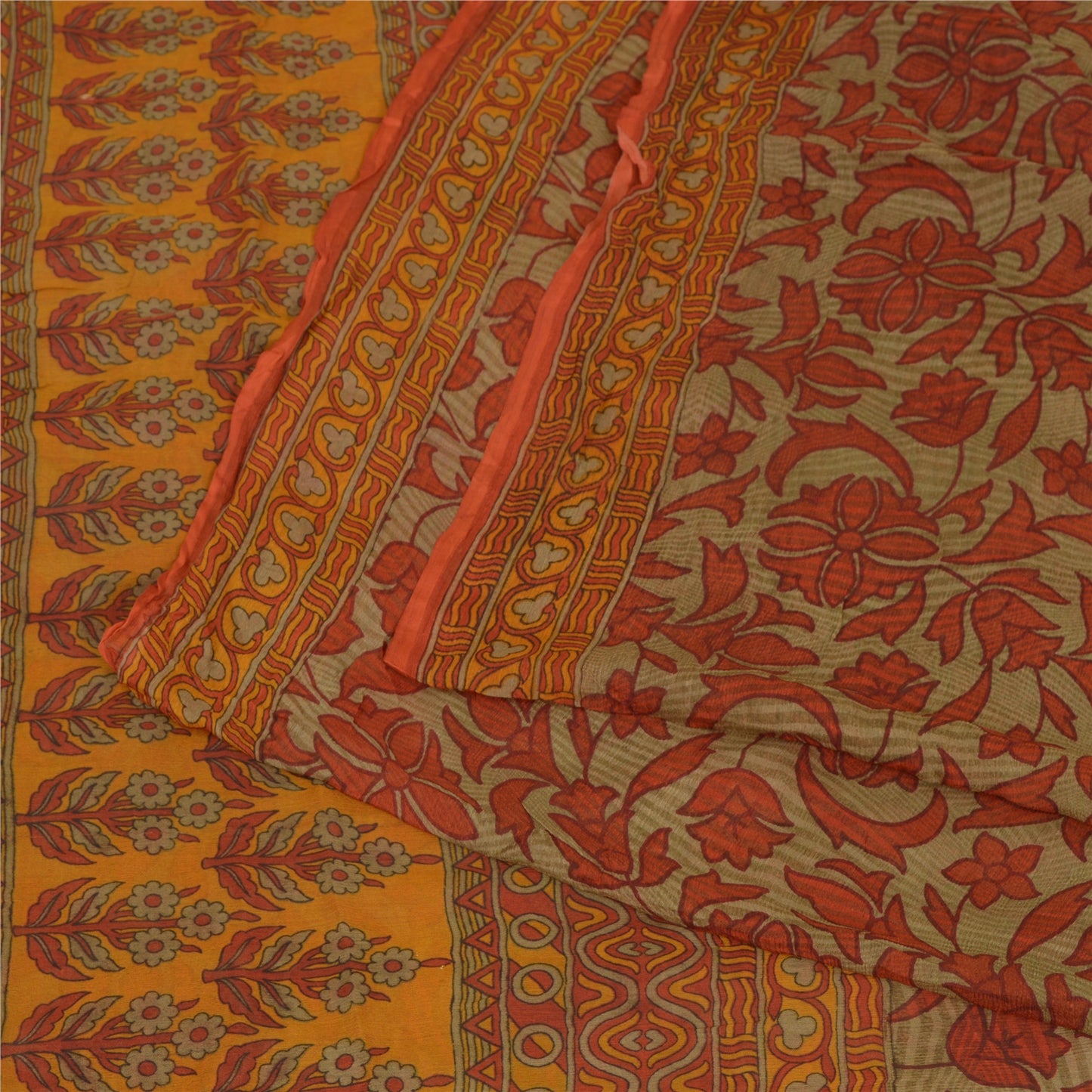 Sanskriti Vintage Sarees Orange/Green Pure Chiffon Silk Print Sari Craft Sustainable Fabric