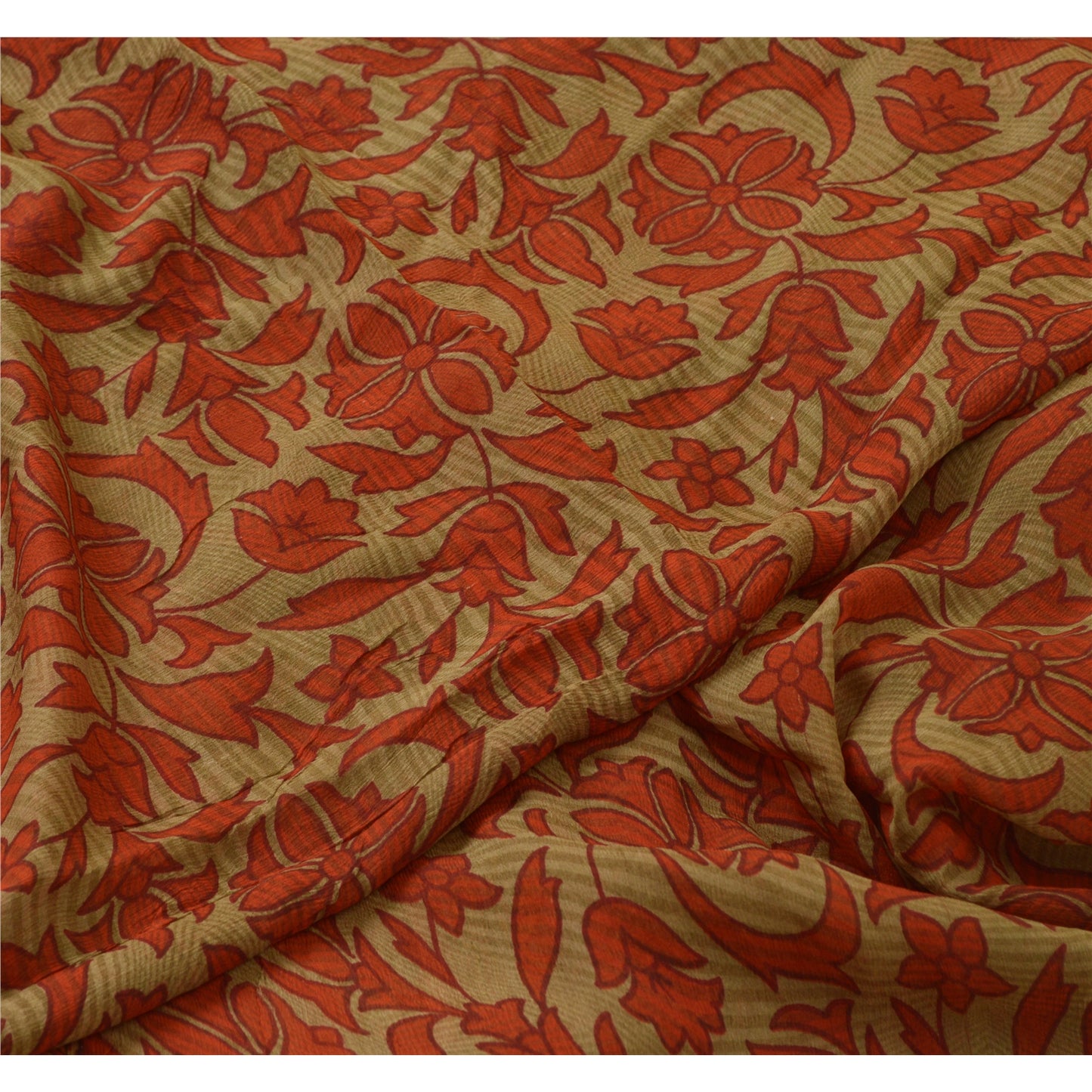 Sanskriti Vintage Sarees Orange/Green Pure Chiffon Silk Print Sari Craft Sustainable Fabric