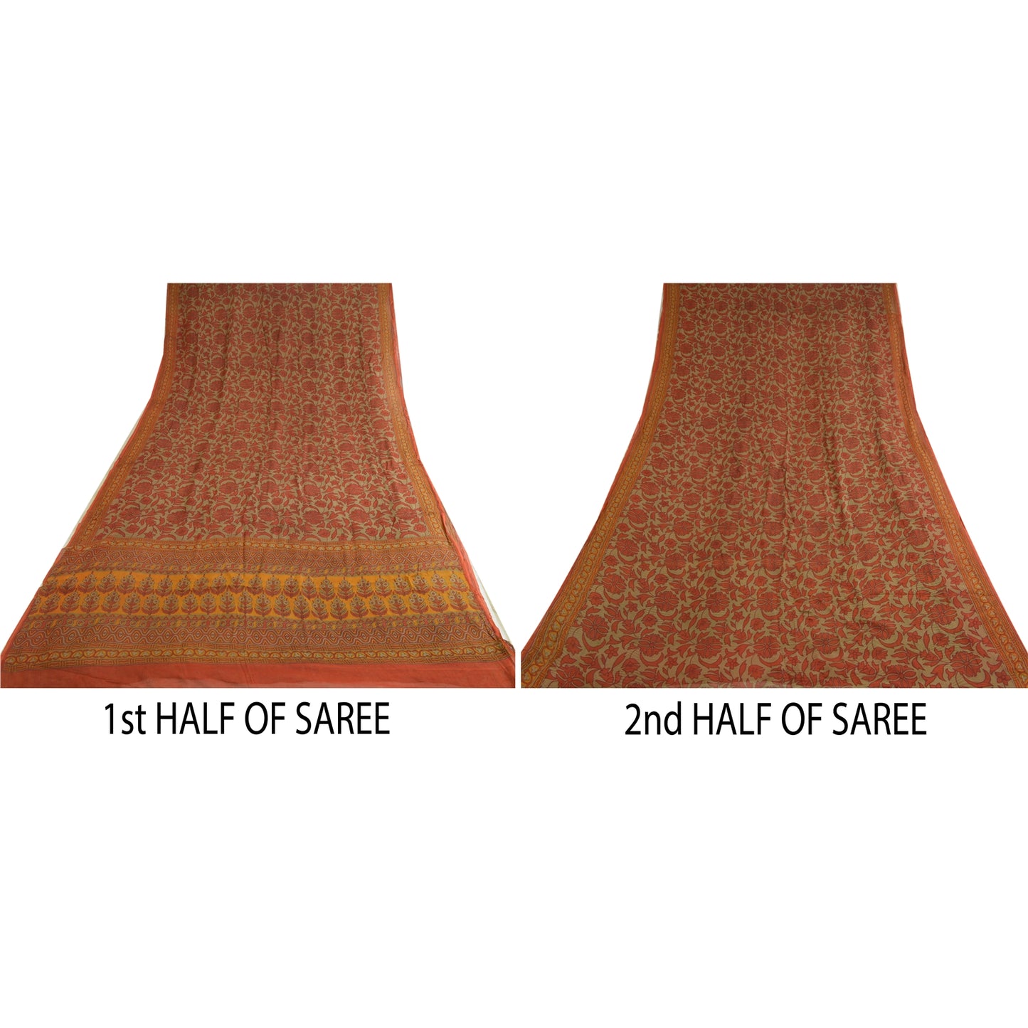 Sanskriti Vintage Sarees Orange/Green Pure Chiffon Silk Print Sari Craft Sustainable Fabric