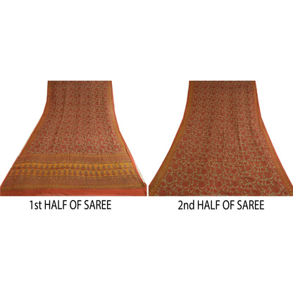 Sanskriti Vintage Sarees Orange/Green Pure Chiffon Silk Print Sari Craft Sustainable Fabric