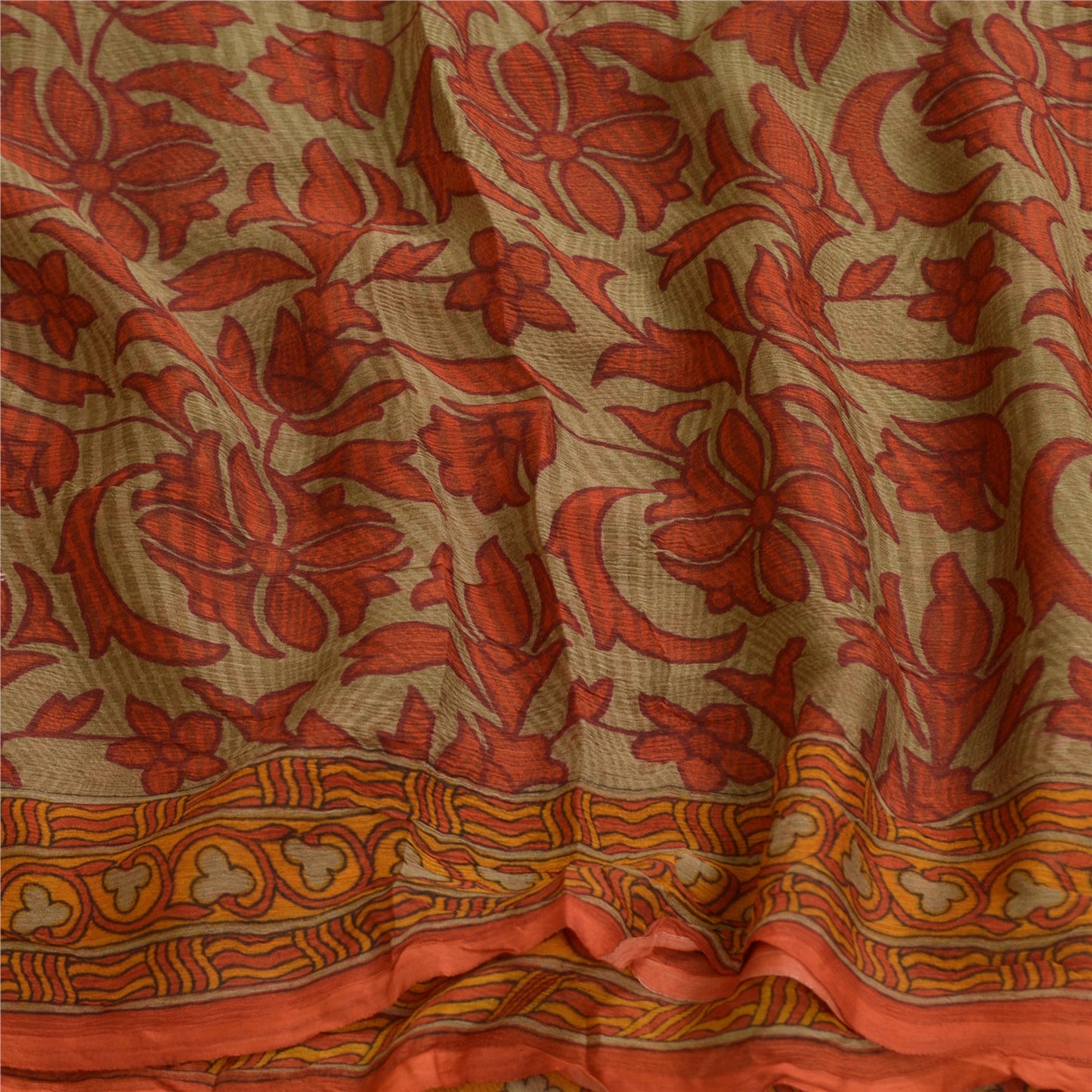 Sanskriti Vintage Sarees Orange/Green Pure Chiffon Silk Print Sari Craft Sustainable Fabric