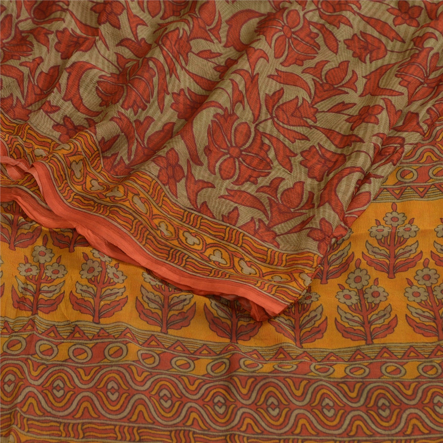 Sanskriti Vintage Sarees Orange/Green Pure Chiffon Silk Print Sari Craft Sustainable Fabric