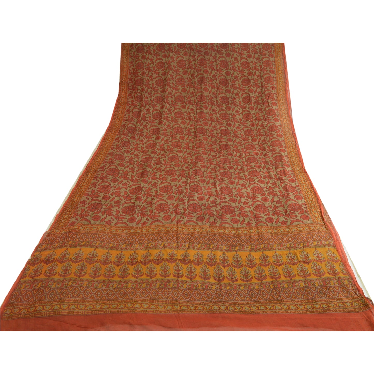 Sanskriti Vintage Sarees Orange/Green Pure Chiffon Silk Print Sari Craft Sustainable Fabric