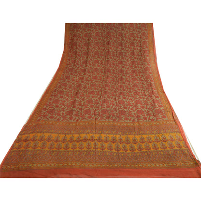 Sanskriti Vintage Sarees Orange/Green Pure Chiffon Silk Print Sari Craft Sustainable Fabric