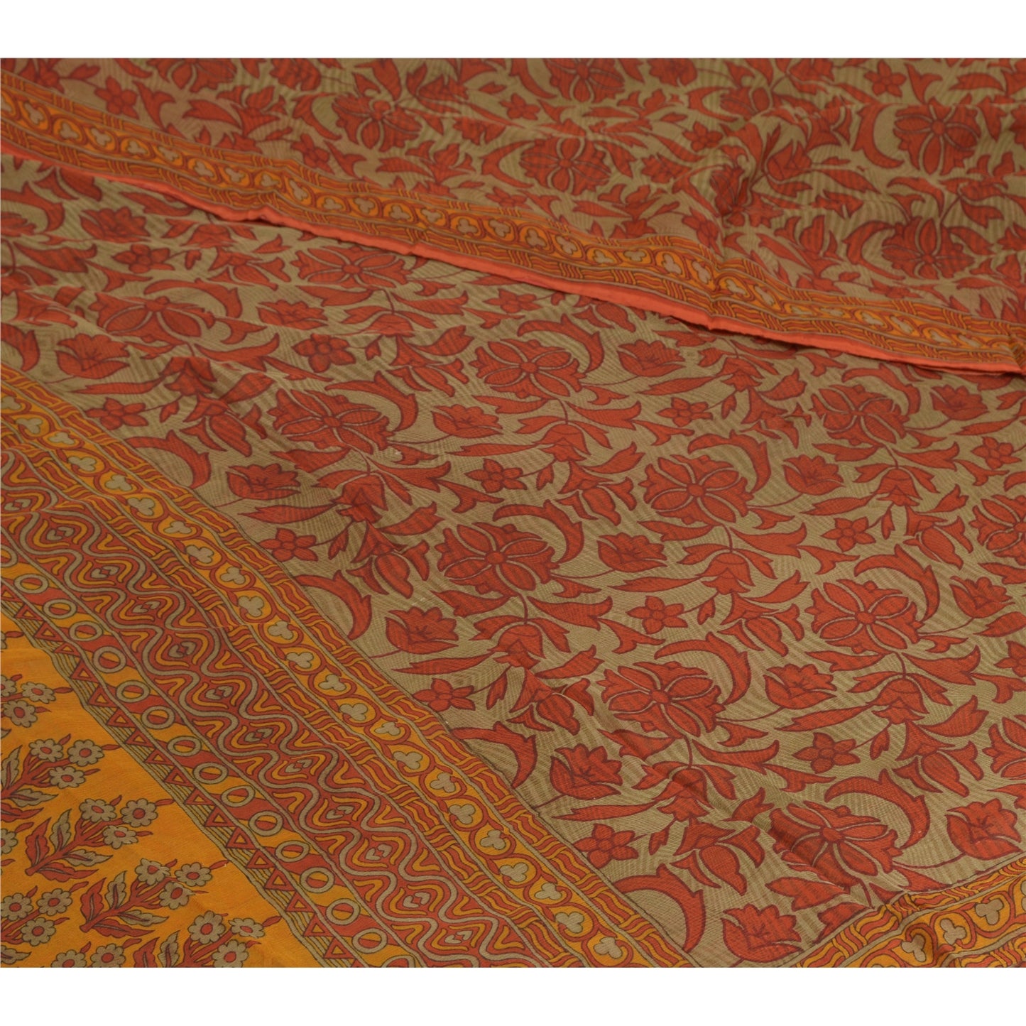 Sanskriti Vintage Sarees Orange/Green Pure Chiffon Silk Print Sari Craft Sustainable Fabric