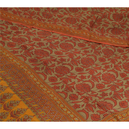 Sanskriti Vintage Sarees Orange/Green Pure Chiffon Silk Print Sari Craft Sustainable Fabric