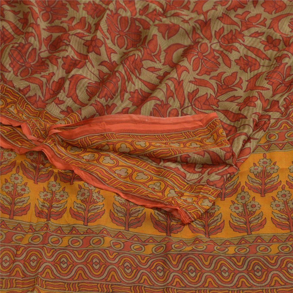 Sanskriti Vintage Sarees Orange/Green Pure Chiffon Silk Print Sari Craft Sustainable Fabric