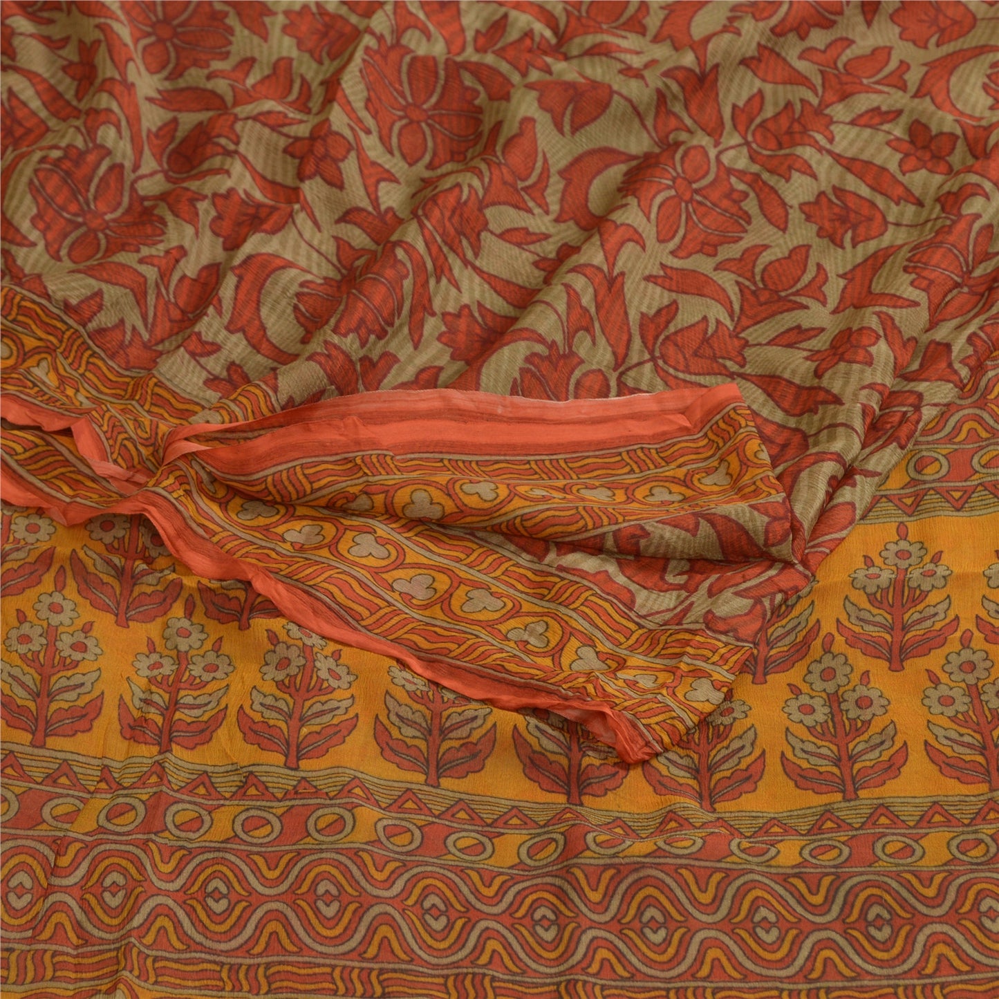 Sanskriti Vintage Sarees Orange/Green Pure Chiffon Silk Print Sari Craft Sustainable Fabric
