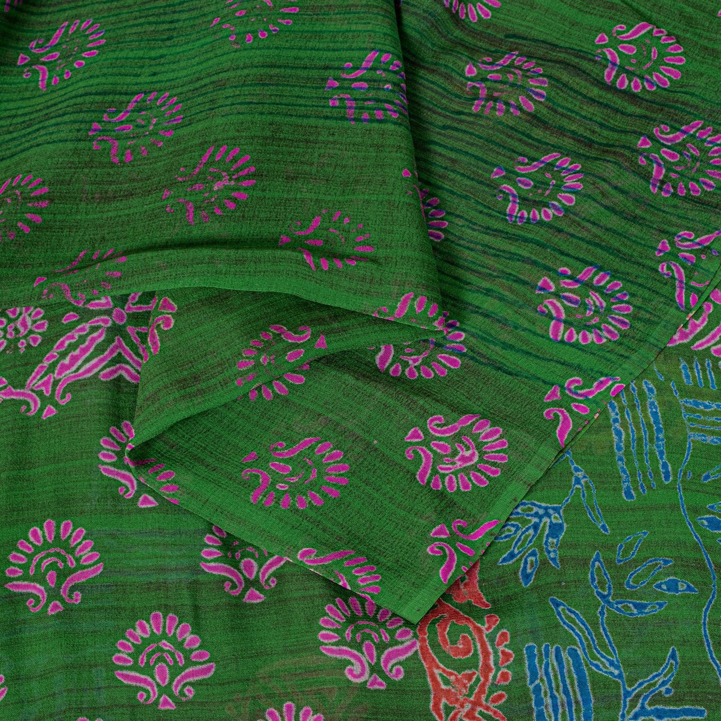 Sanskriti Vintage Green Pure Georgette Sarees Block Printed Flatbed Sari 5+YD