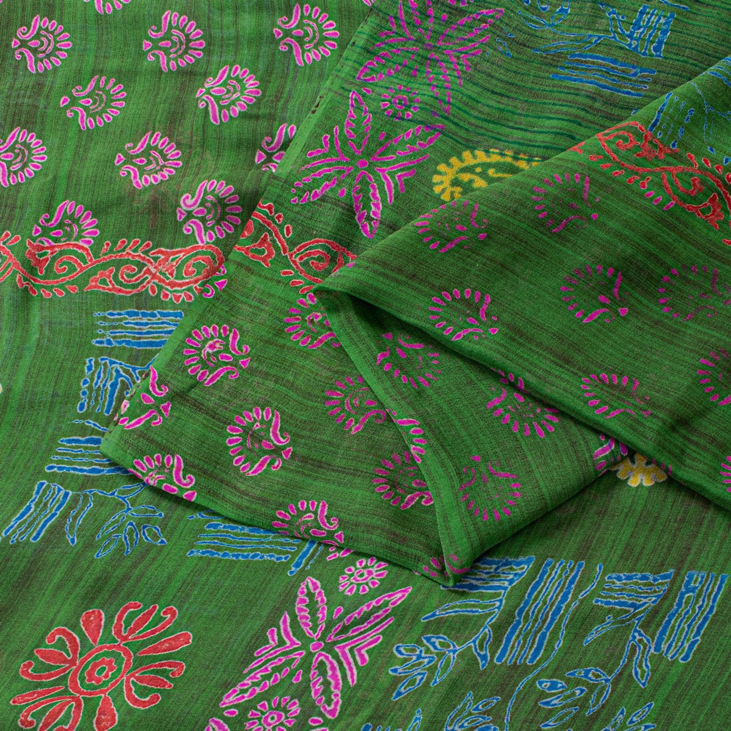 Sanskriti Vintage Green Pure Georgette Sarees Block Printed Flatbed Sari 5+YD