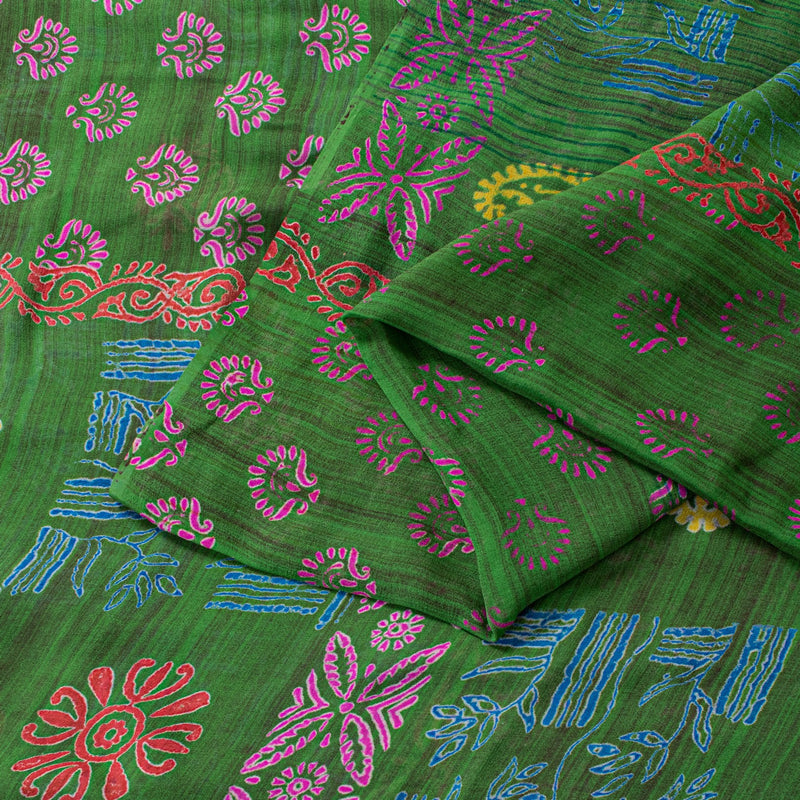 Sanskriti Vintage Green Pure Georgette Sarees Block Printed Flatbed Sari 5+YD