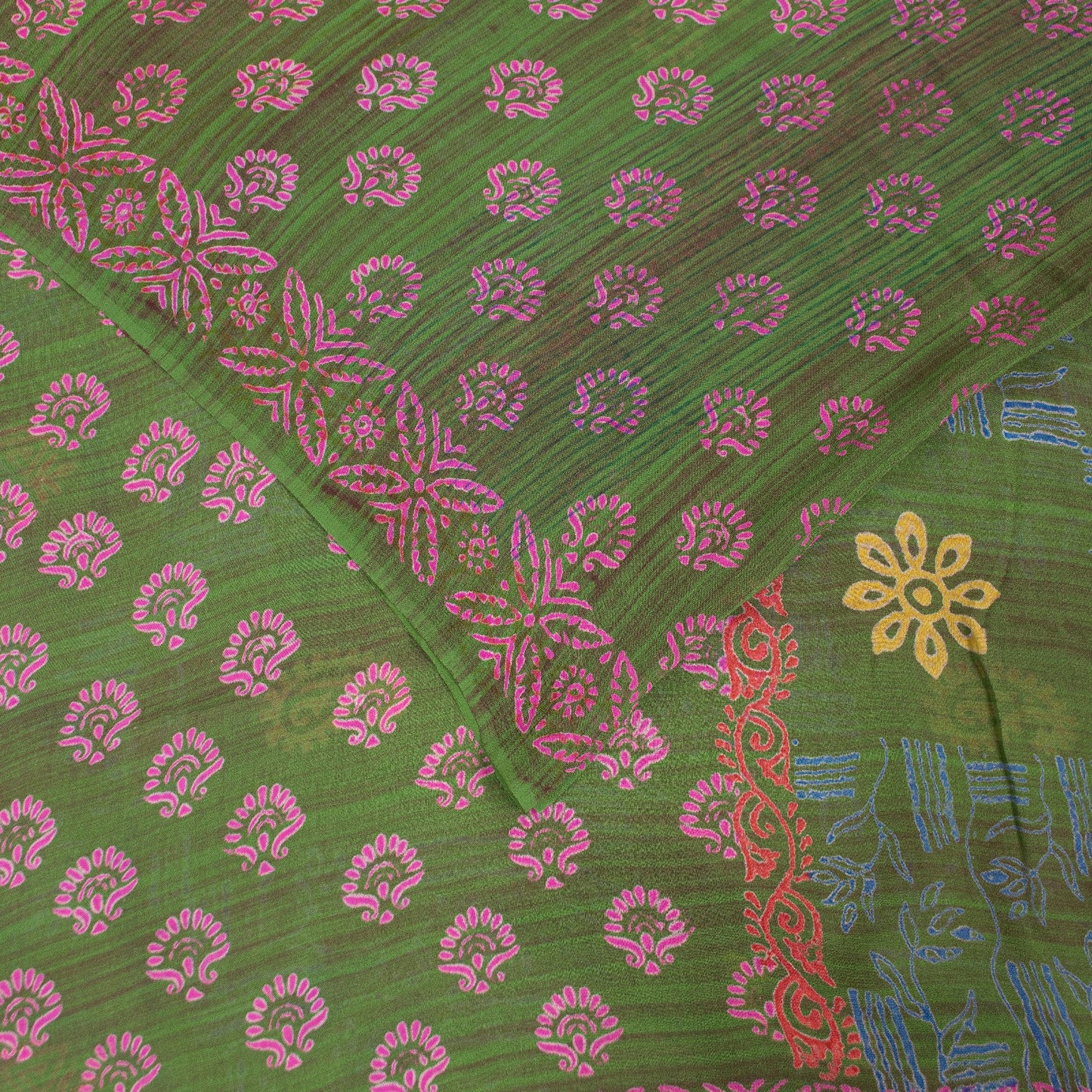 Sanskriti Vintage Sarees Green Pure Georgette Block Print Sari 5+YD Craft Fabric