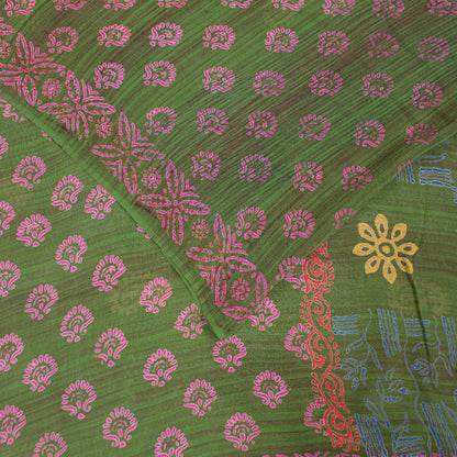 Sanskriti Vintage Sarees Green Pure Georgette Block Print Sari 5+YD Craft Fabric