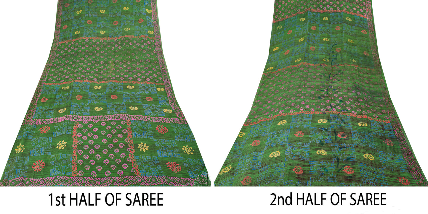 Sanskriti Vintage Green Pure Georgette Sarees Block Printed Flatbed Sari 5+YD