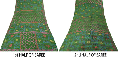 Sanskriti Vintage Green Pure Georgette Sarees Block Printed Flatbed Sari 5+YD