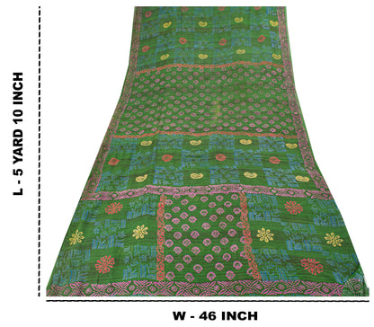 Sanskriti Vintage Green Pure Georgette Sarees Block Printed Flatbed Sari 5+YD