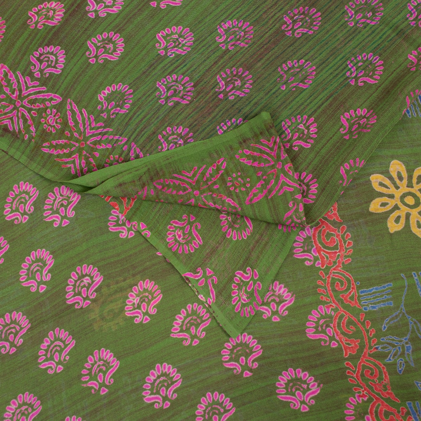 Sanskriti Vintage Sarees Green Pure Georgette Block Print Sari 5+YD Craft Fabric