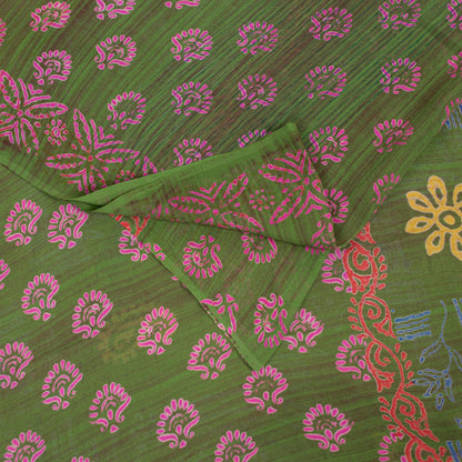 Sanskriti Vintage Sarees Green Pure Georgette Block Print Sari 5+YD Craft Fabric