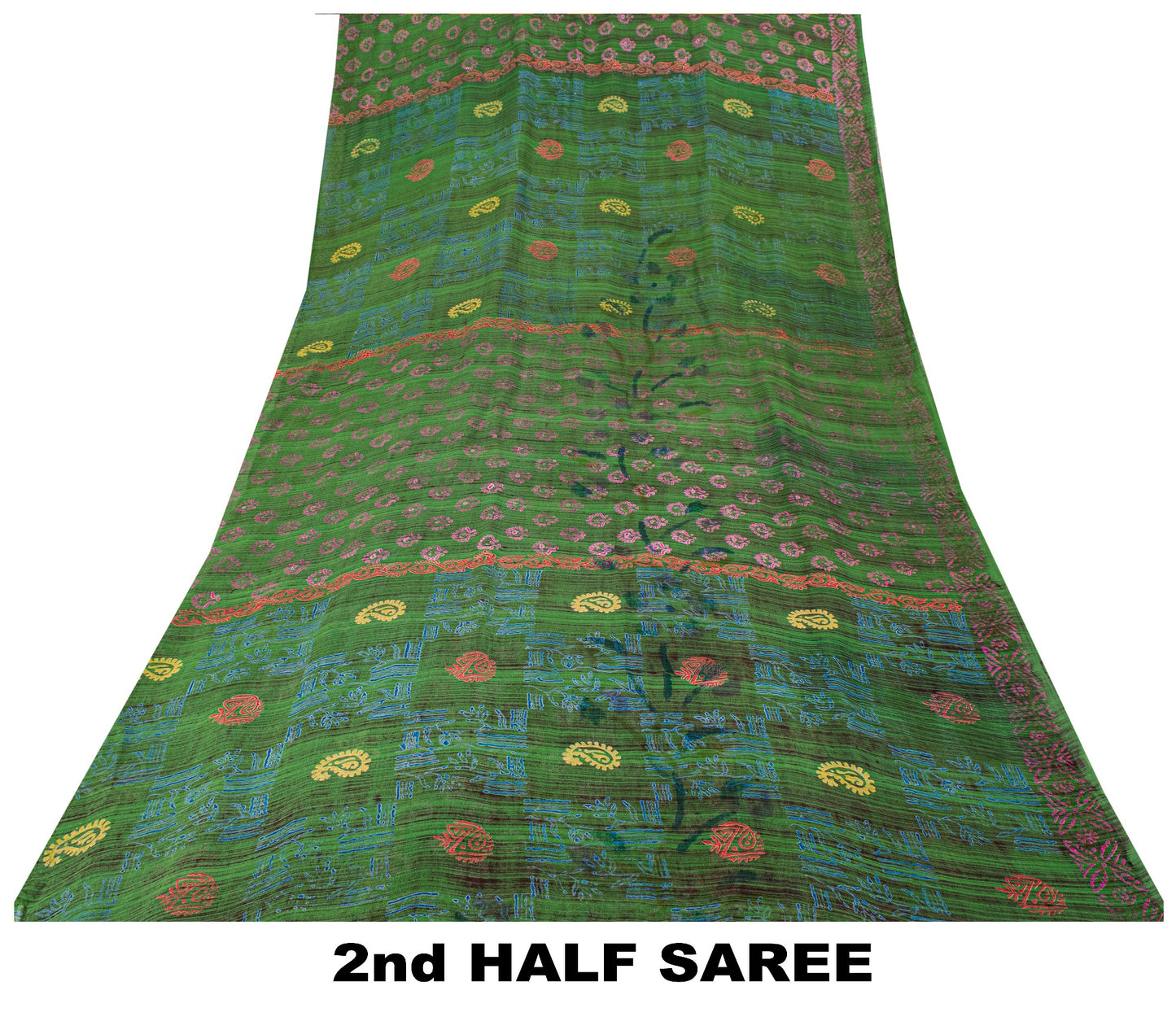 Sanskriti Vintage Green Pure Georgette Sarees Block Printed Flatbed Sari 5+YD