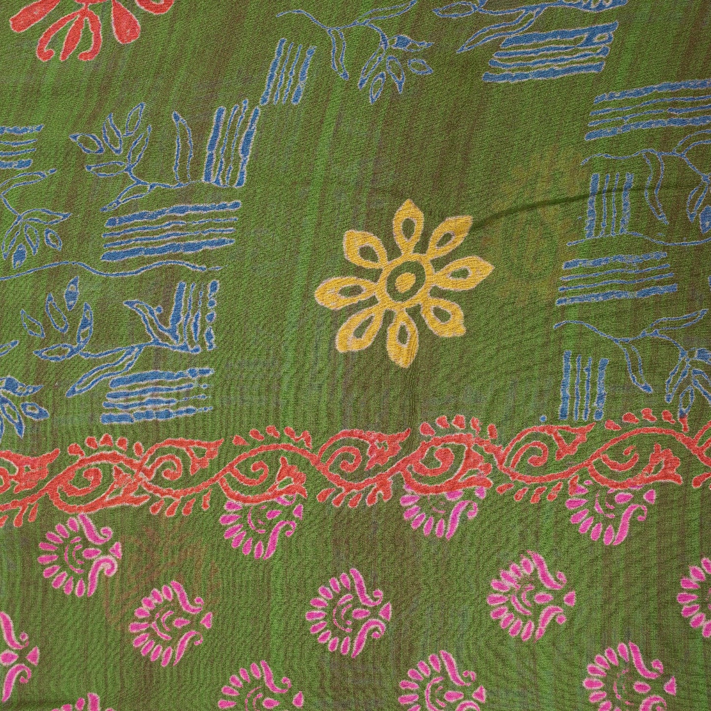 Sanskriti Vintage Sarees Green Pure Georgette Block Print Sari 5+YD Craft Fabric