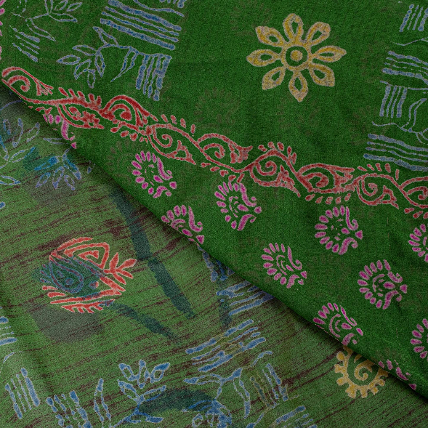 Sanskriti Vintage Green Pure Georgette Sarees Block Printed Flatbed Sari 5+YD