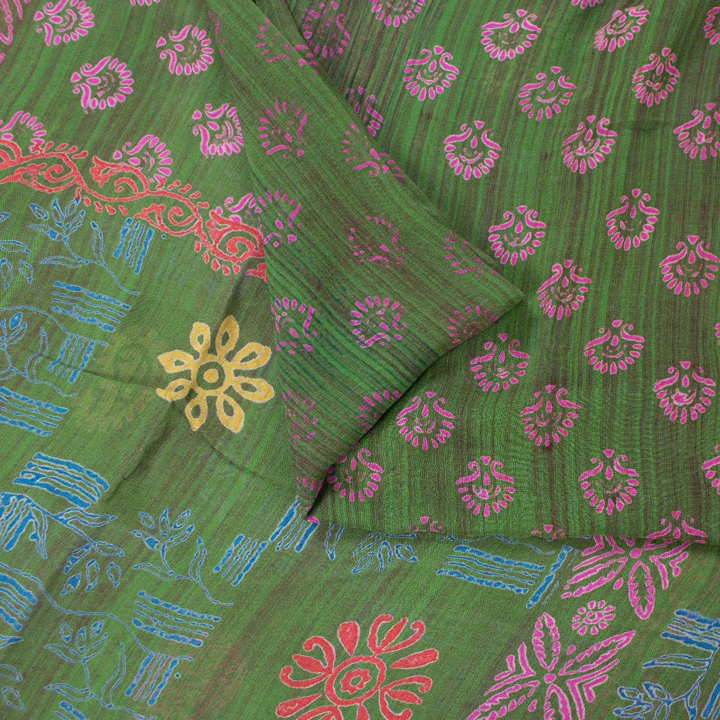 Sanskriti Vintage Sarees Green Pure Georgette Block Print Sari 5+YD Craft Fabric
