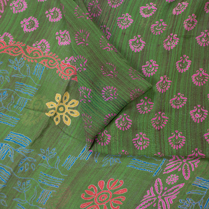 Sanskriti Vintage Sarees Green Pure Georgette Block Print Sari 5+YD Craft Fabric