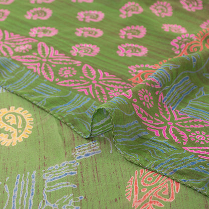 Sanskriti Vintage Sarees Green Pure Georgette Block Print Sari 5+YD Craft Fabric