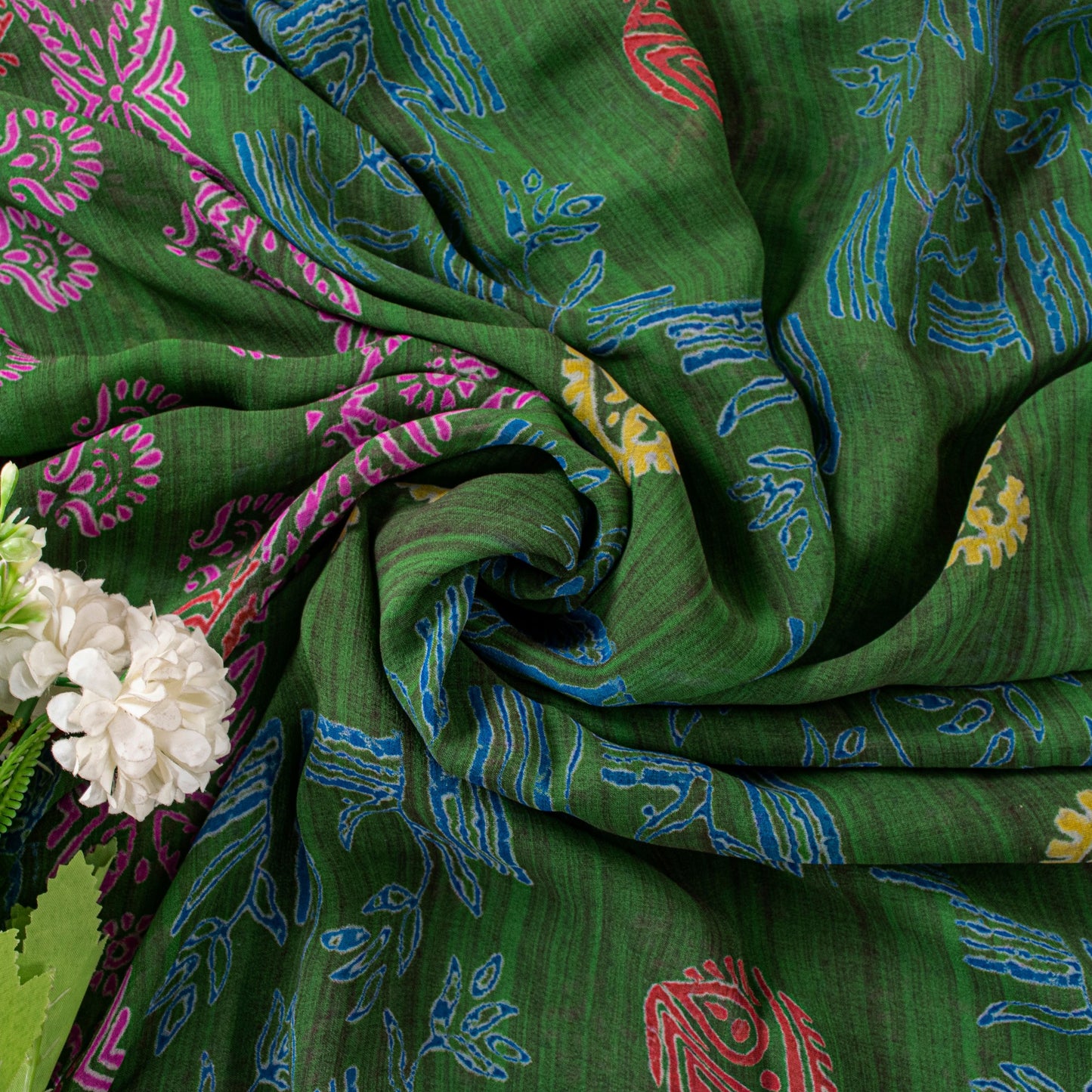 Sanskriti Vintage Green Pure Georgette Sarees Block Printed Flatbed Sari 5+YD