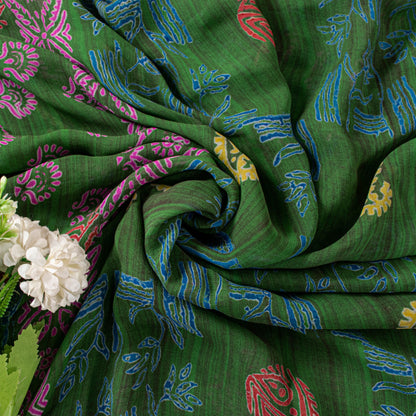 Sanskriti Vintage Green Pure Georgette Sarees Block Printed Flatbed Sari 5+YD