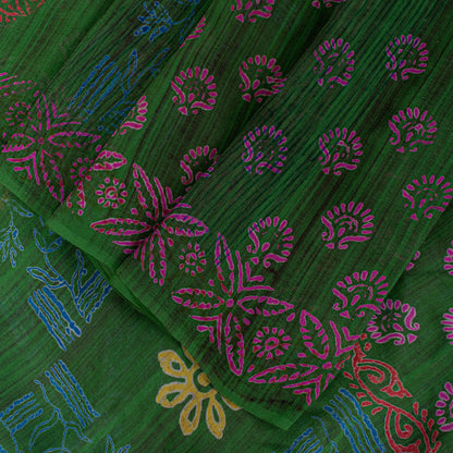 Sanskriti Vintage Green Pure Georgette Sarees Block Printed Flatbed Sari 5+YD