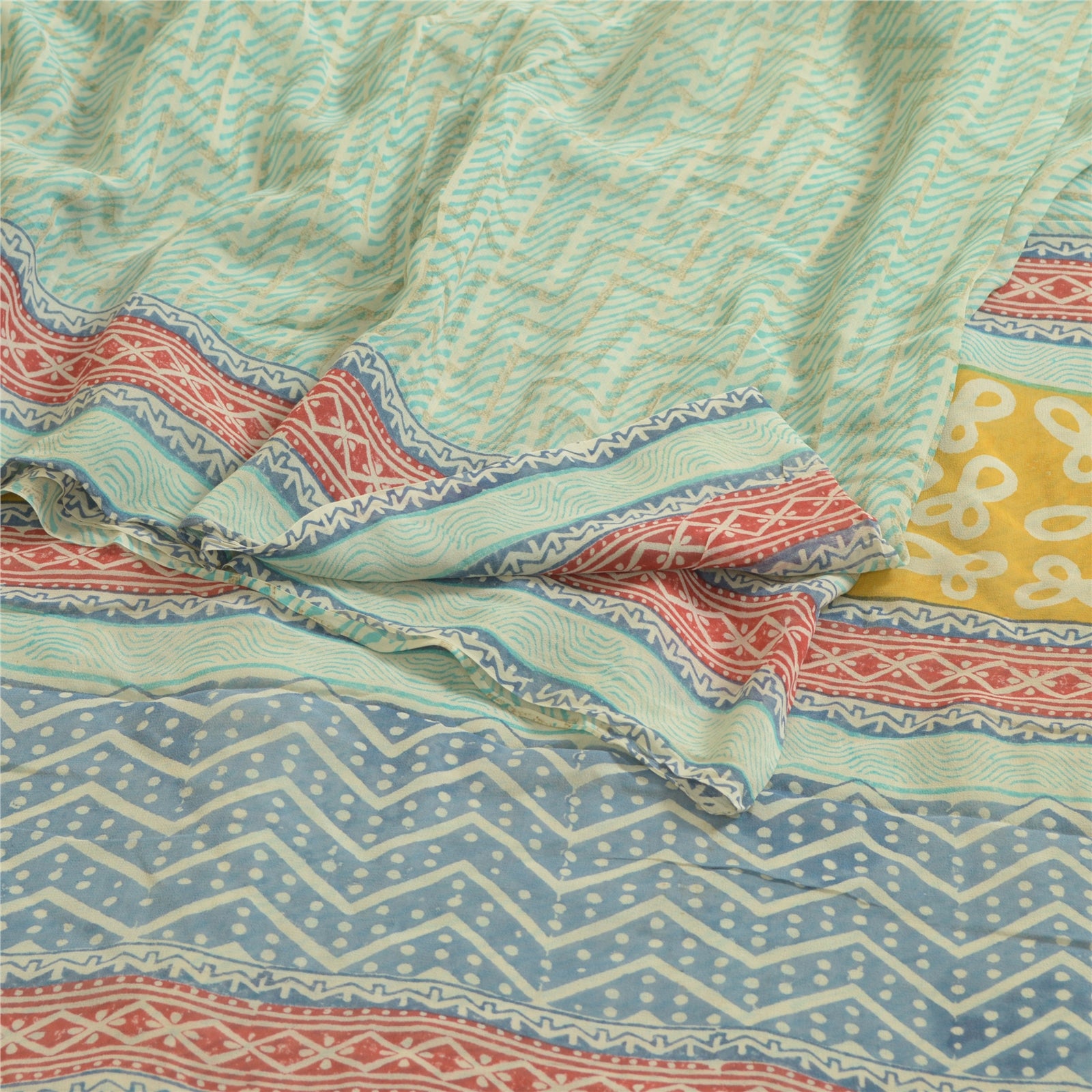 Sanskriti Vintage Sarees Sea-Green Pure Georgette Printed Sari 5+YD Craft Fabric