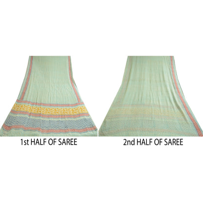 Sanskriti Vintage Sarees Sea-Green Pure Georgette Printed Sari 5+YD Craft Fabric