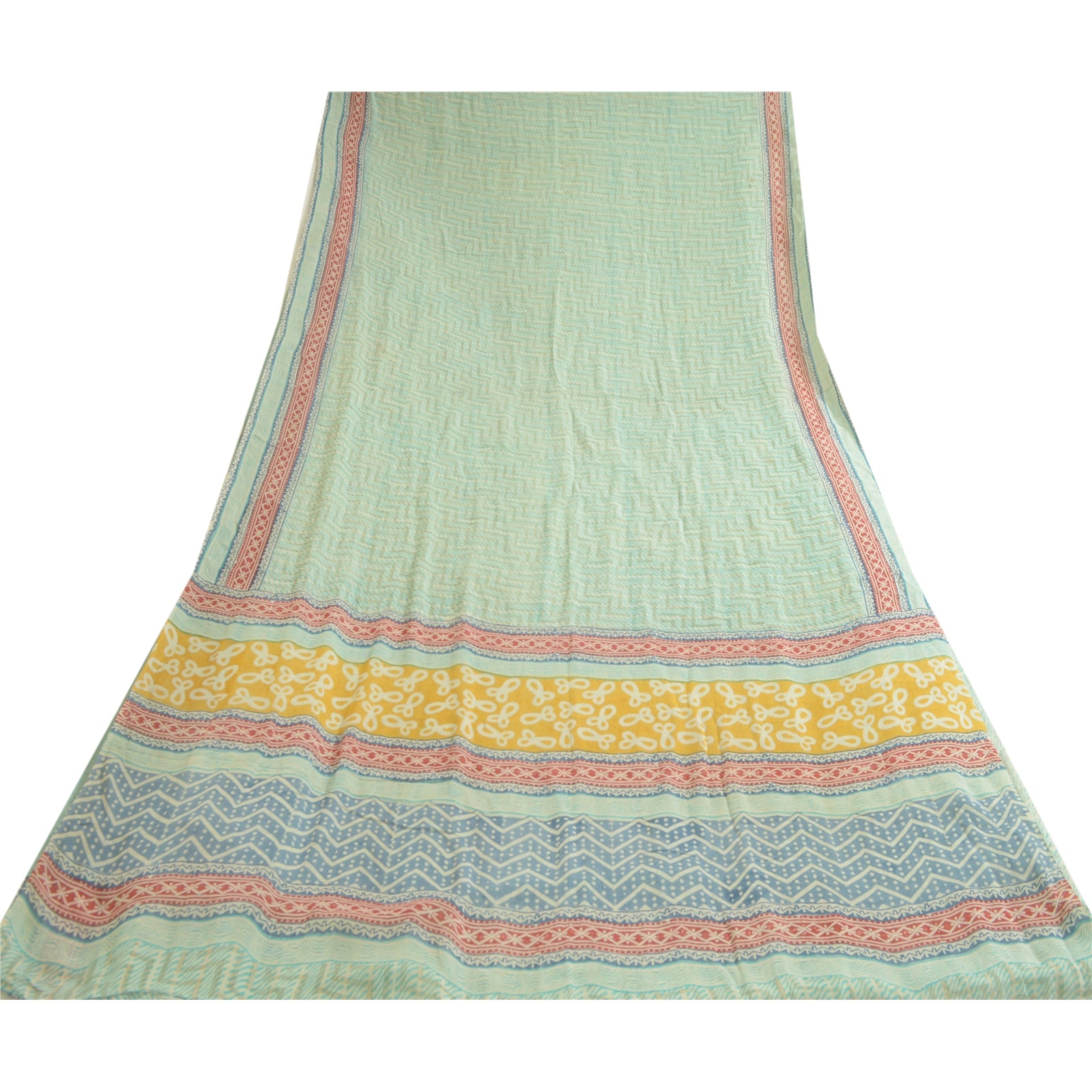 Sanskriti Vintage Sarees Sea-Green Pure Georgette Printed Sari 5+YD Craft Fabric