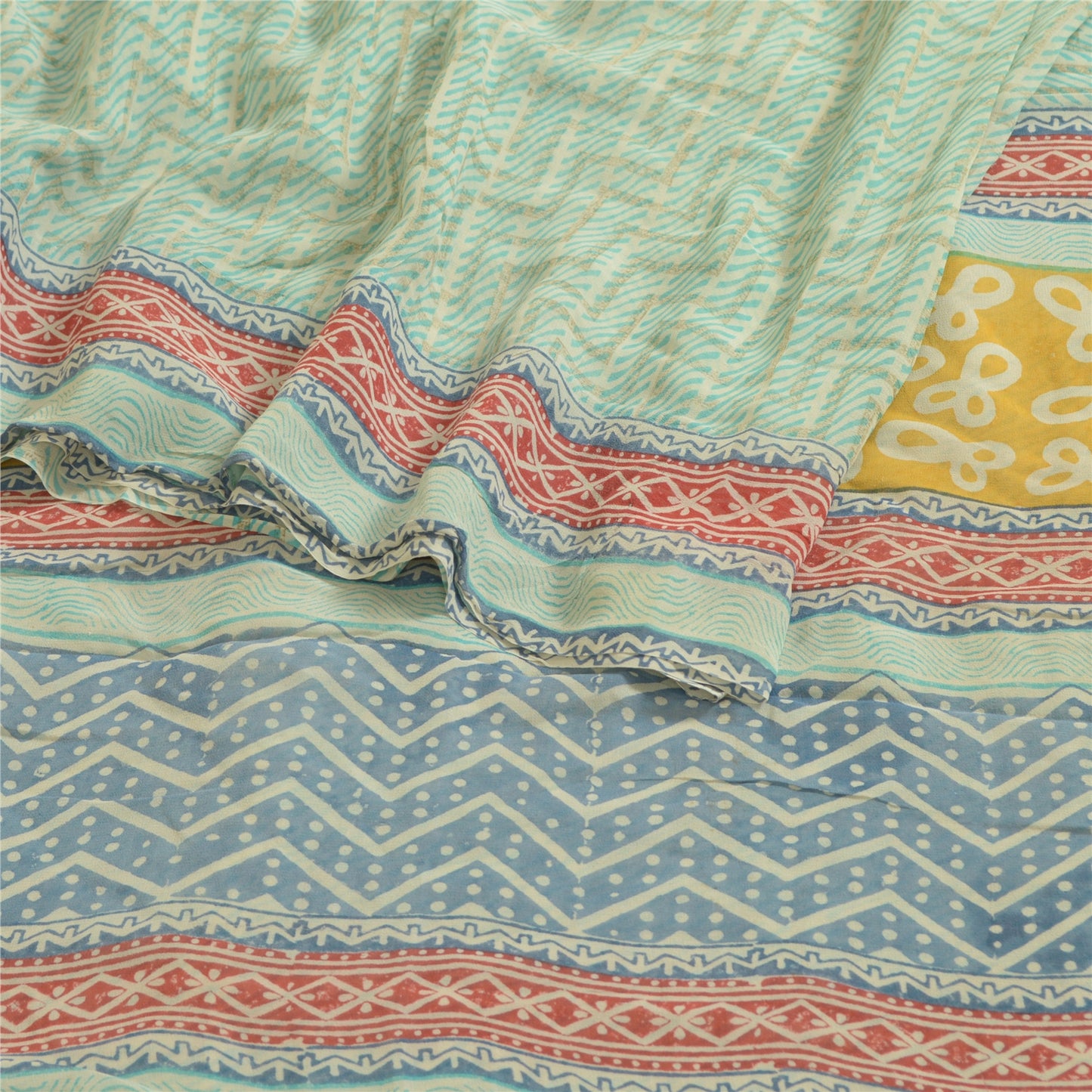 Sanskriti Vintage Sarees Sea-Green Pure Georgette Printed Sari 5+YD Craft Fabric
