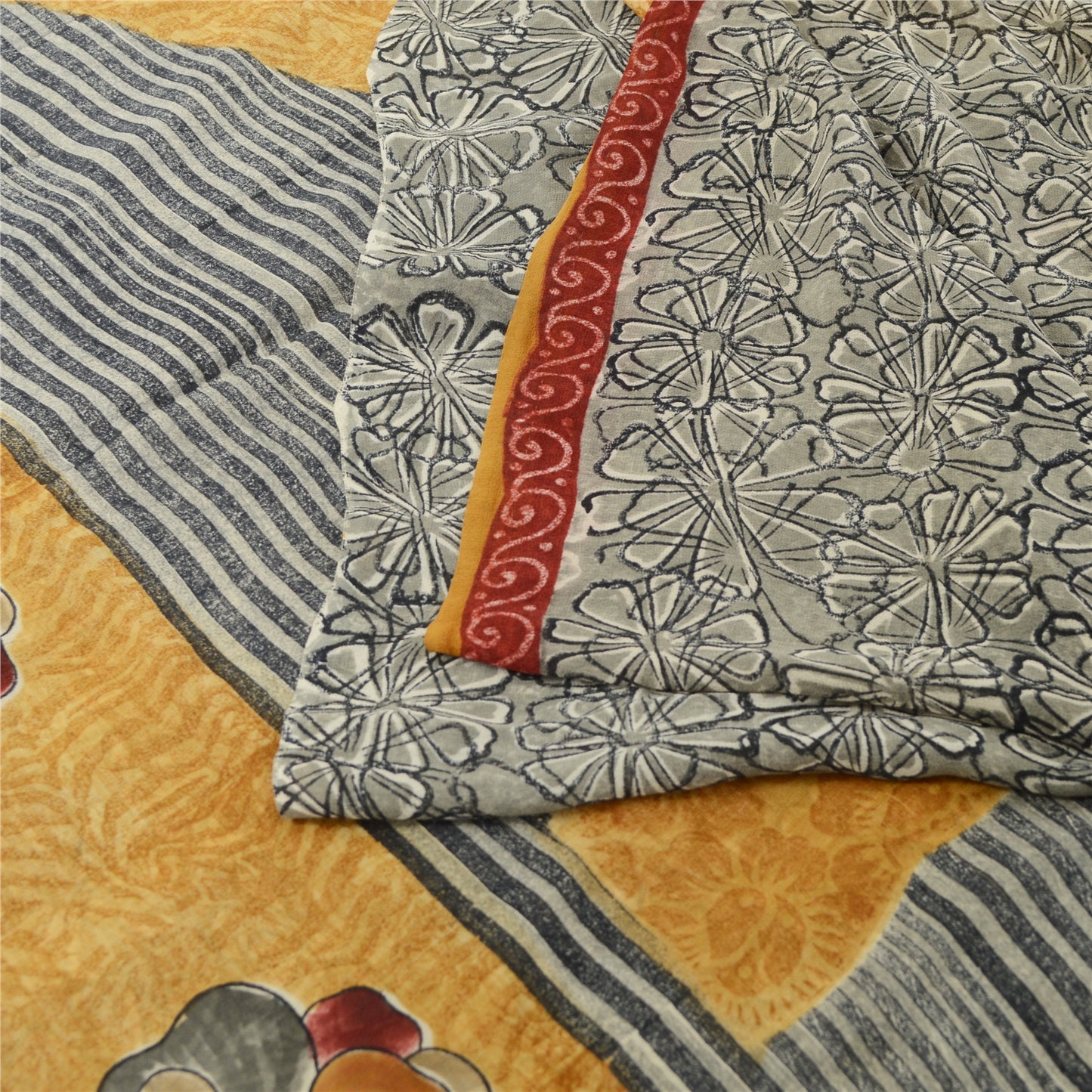 Sanskriti Vintage Sarees Yellow/Gray Pure Georgette Printed Sari Craft Fabric