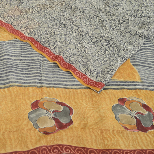 Sanskriti Vintage Sarees Yellow/Gray Pure Georgette Printed Sari Craft Fabric