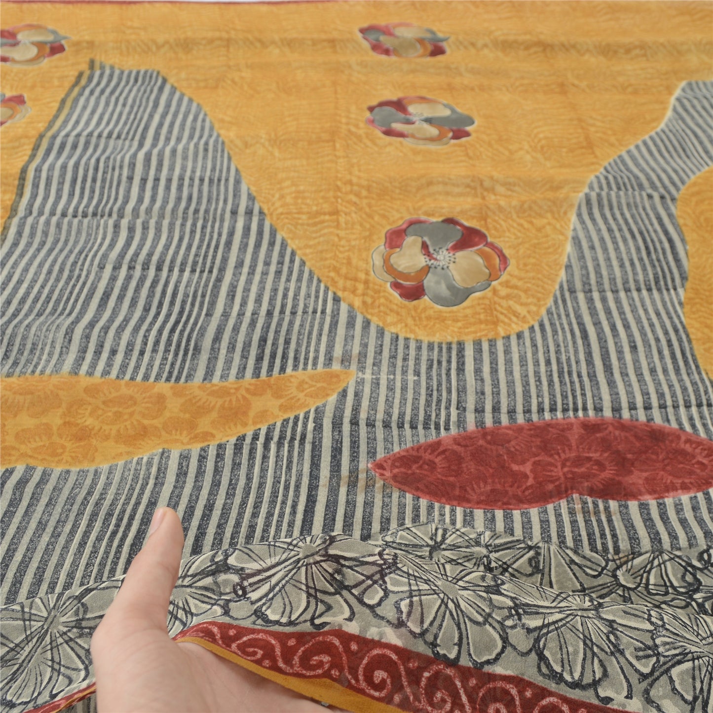 Sanskriti Vintage Sarees Yellow/Gray Pure Georgette Printed Sari Craft Fabric