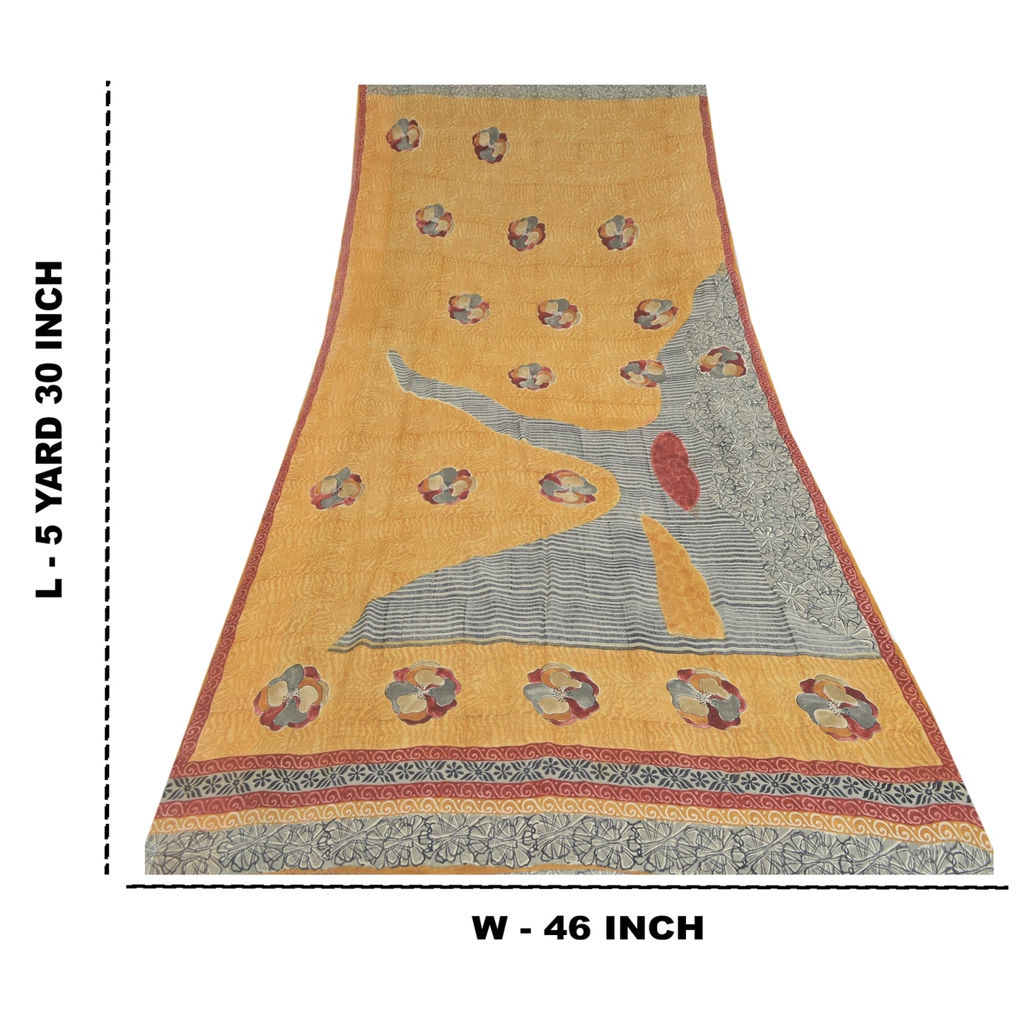 Sanskriti Vintage Sarees Yellow/Gray Pure Georgette Printed Sari Craft Fabric