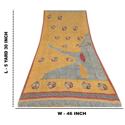 Sanskriti Vintage Sarees Yellow/Gray Pure Georgette Printed Sari Craft Fabric