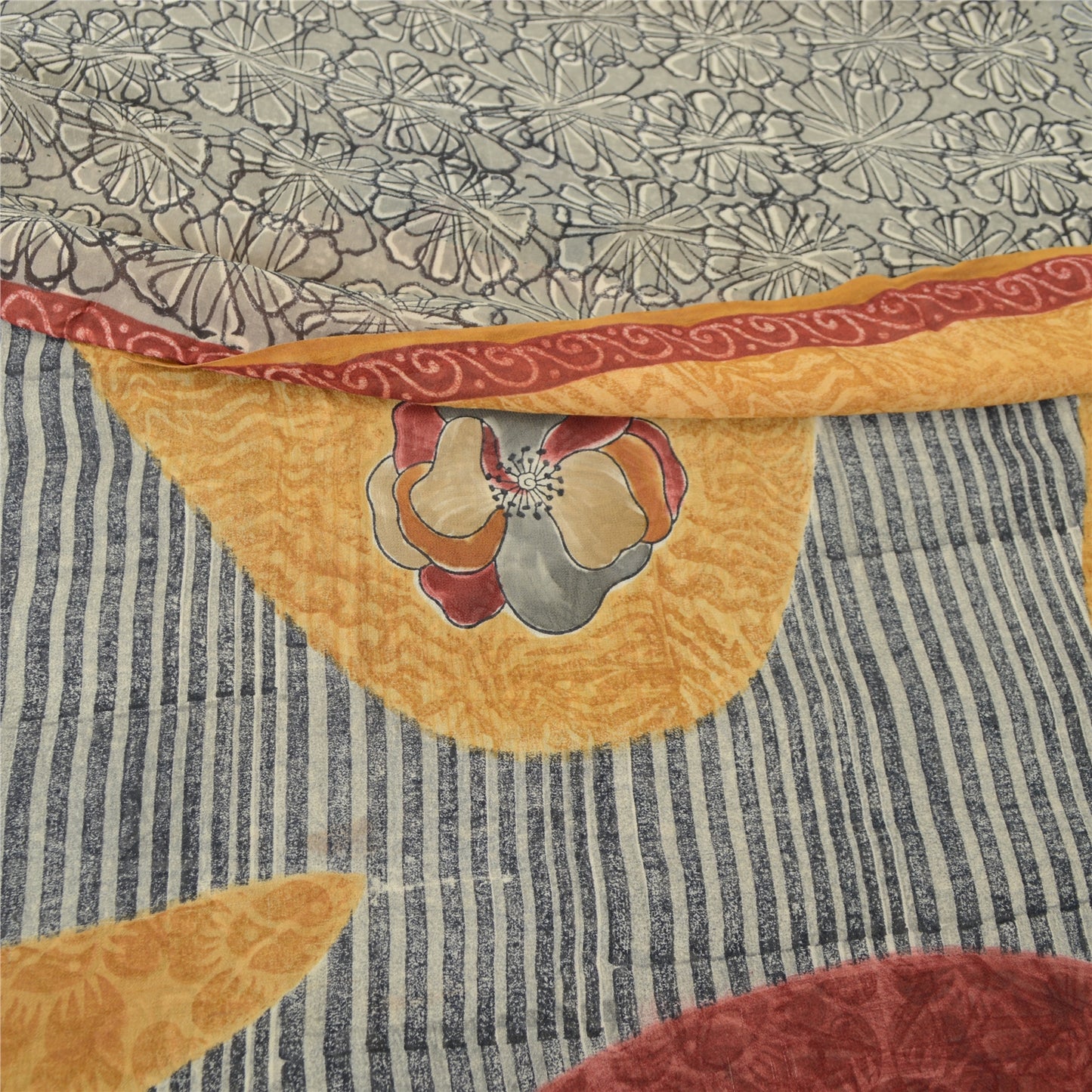 Sanskriti Vintage Sarees Yellow/Gray Pure Georgette Printed Sari Craft Fabric